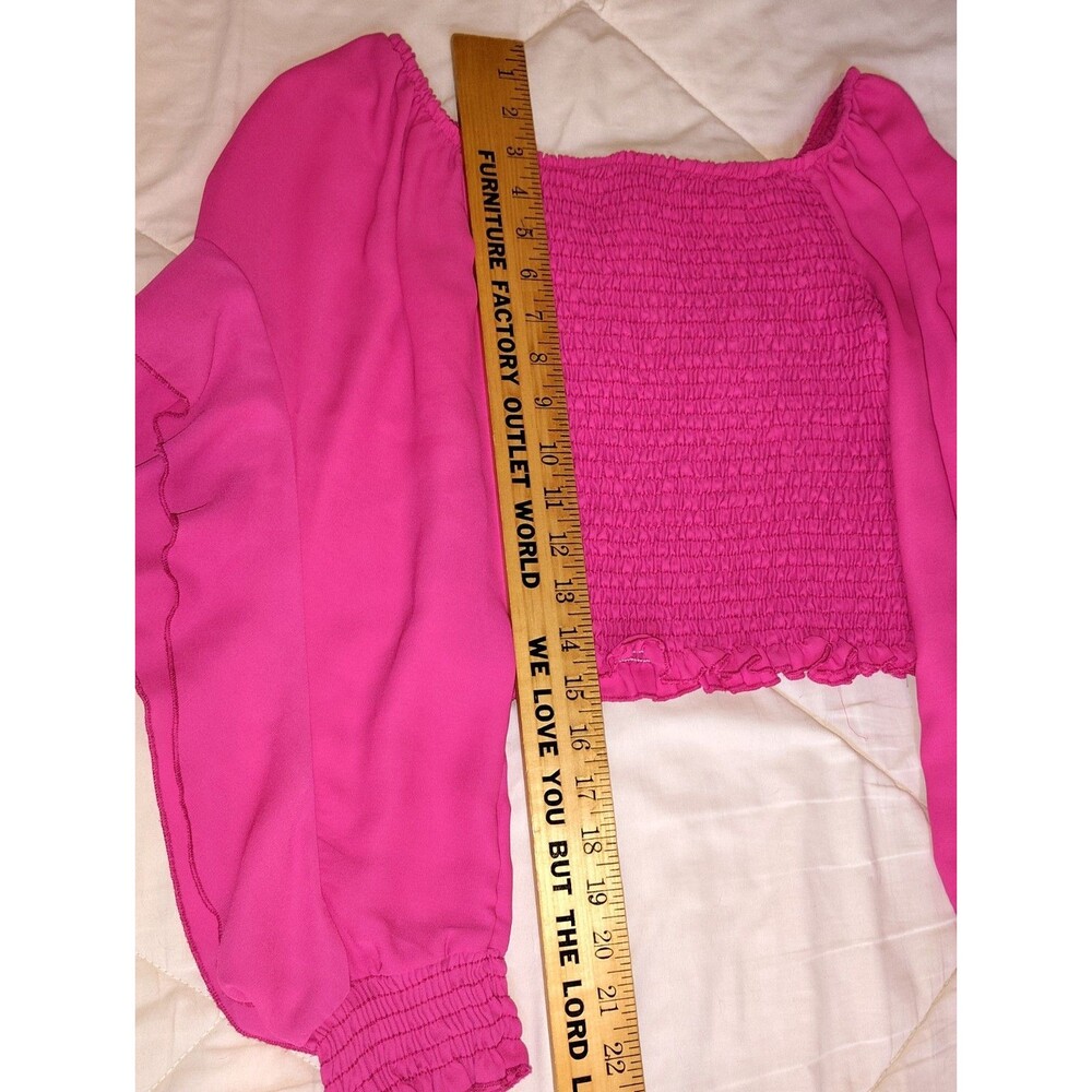 MARIA JOSÉ Hot Pink Smocked Ruffle Sleeve Off-The-Shoulder Crop Top M/G - Picture 4 of 12